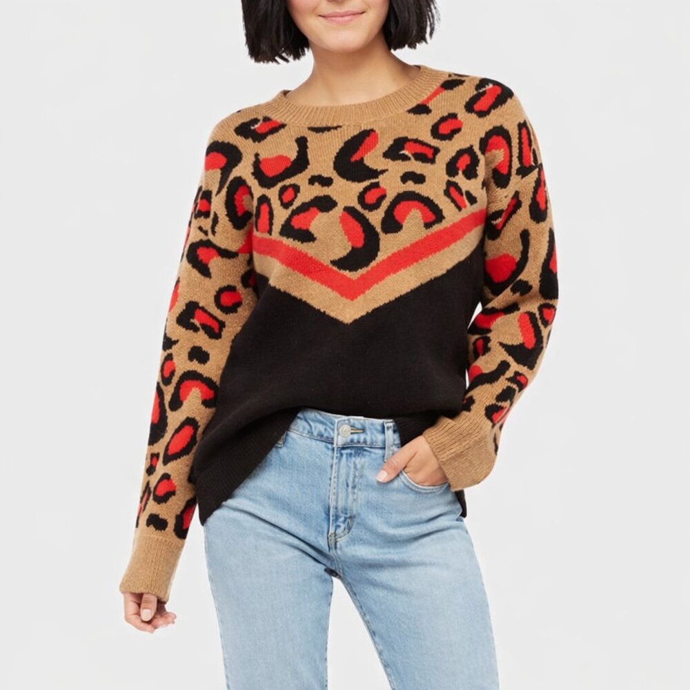 Evereve Lenny Chevron Pullover Sweater Cheetah Leopard Print Medium